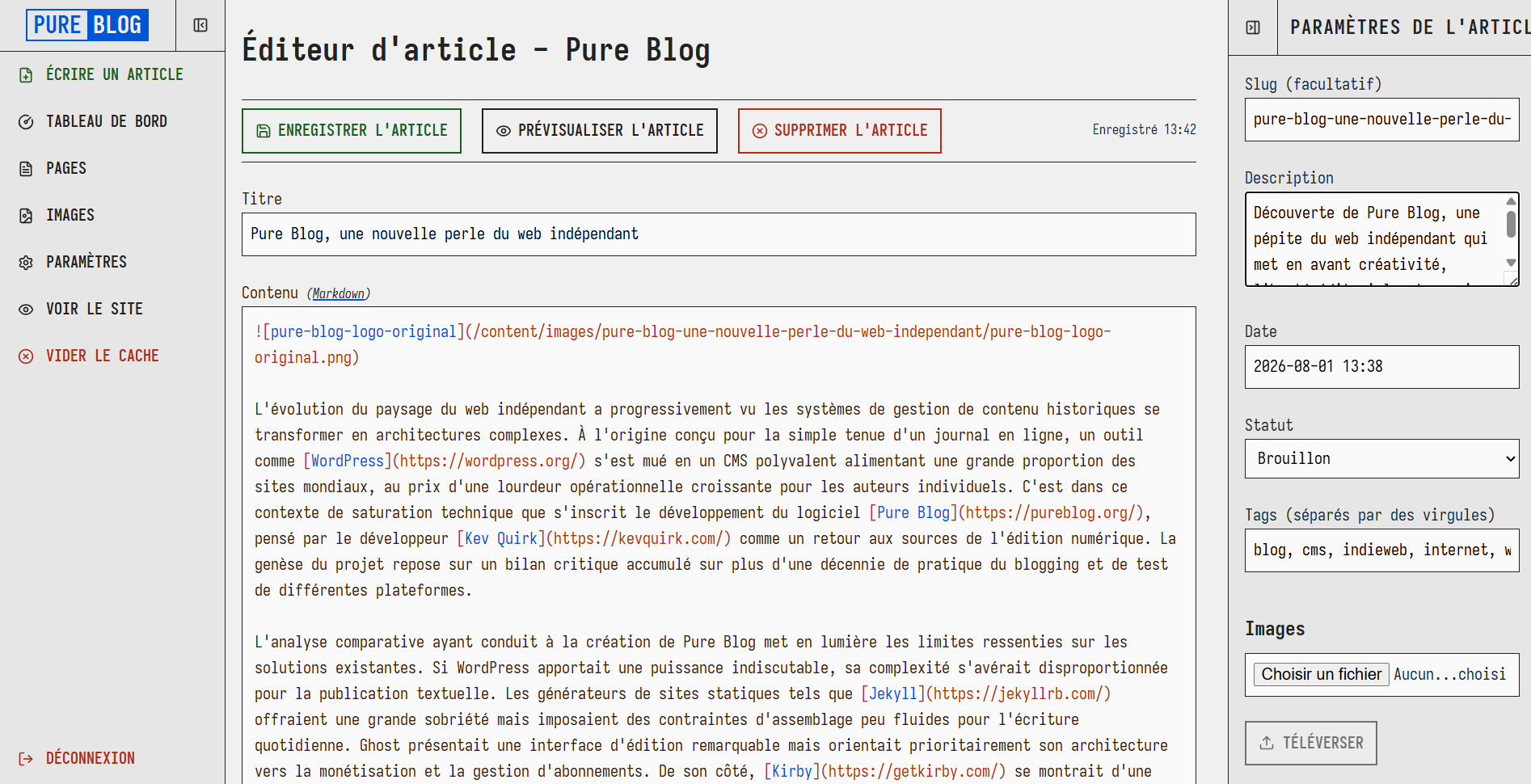 Impression d'écran de l'interface de publication de Pure Blog