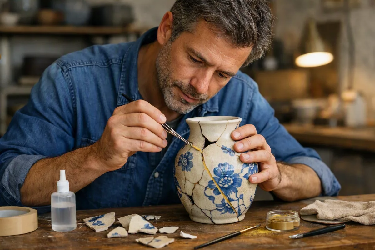 Homme réparant un vase