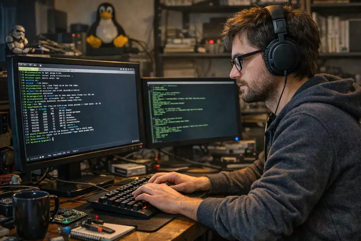 Geek travaillant sur un terminal Linux